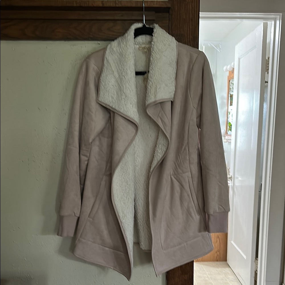 Hem & Thread Cream Teddy Jacket with Soft Waterfall Collar